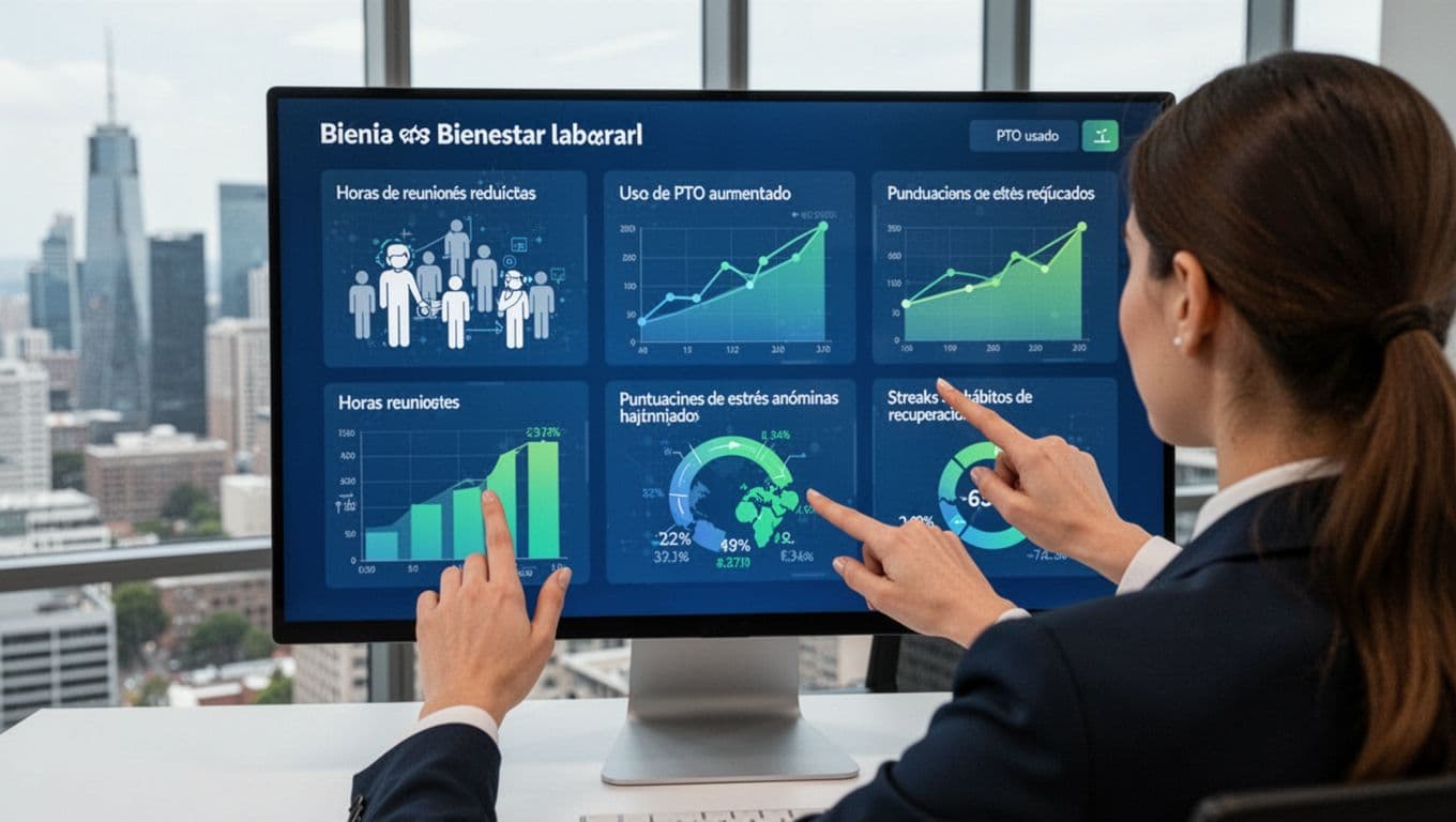Simple computer screen dashboard displaying key work wellness metrics: reduced meeting hours graphs, increased PTO usage, declining anonymous stress scores, and recovery habit streaks. A young professional woman viewed from behind points to the screen in an executive office with city view, modern flat style with realistic elements, positive blue-green colors.