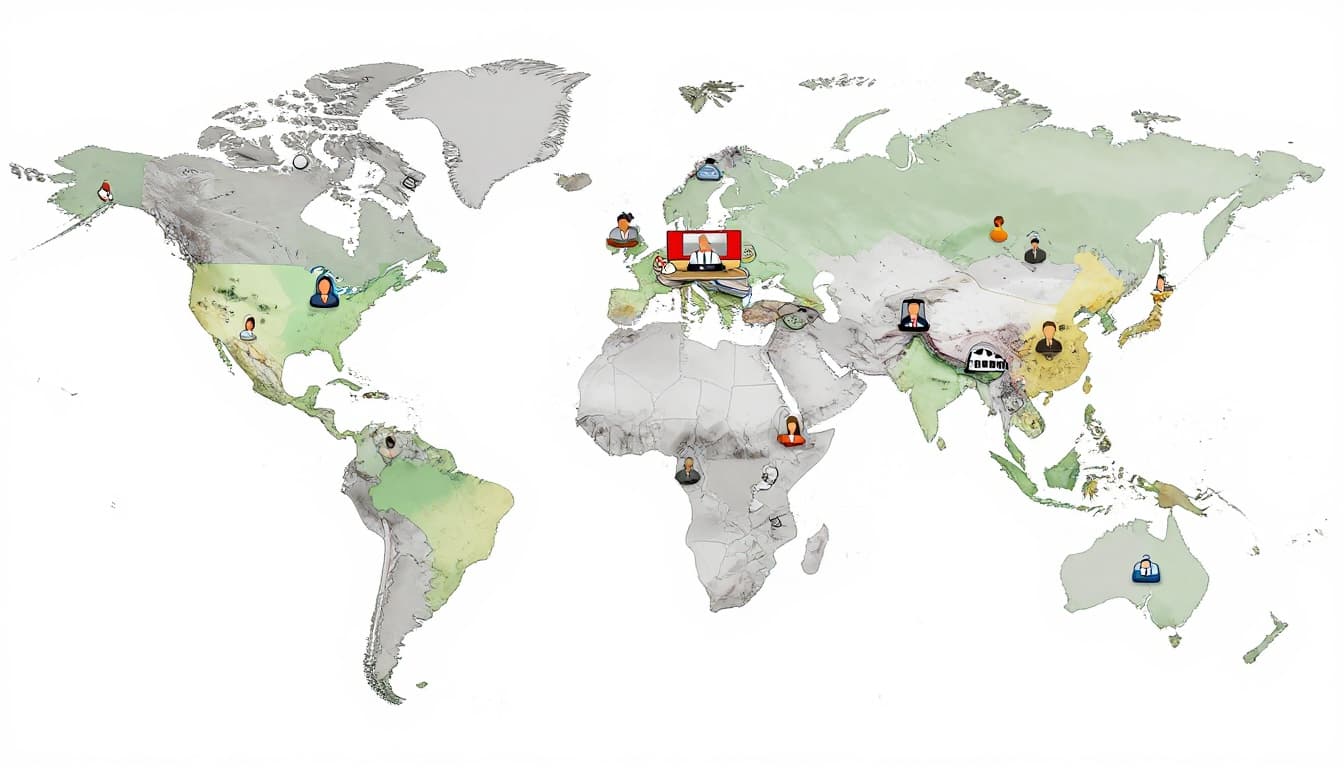 Illustrated world map highlighting time zones in colors, featuring simple video call icons during central overlap hours, continents connected by office lines, professional remote work vibe in clean realistic style.