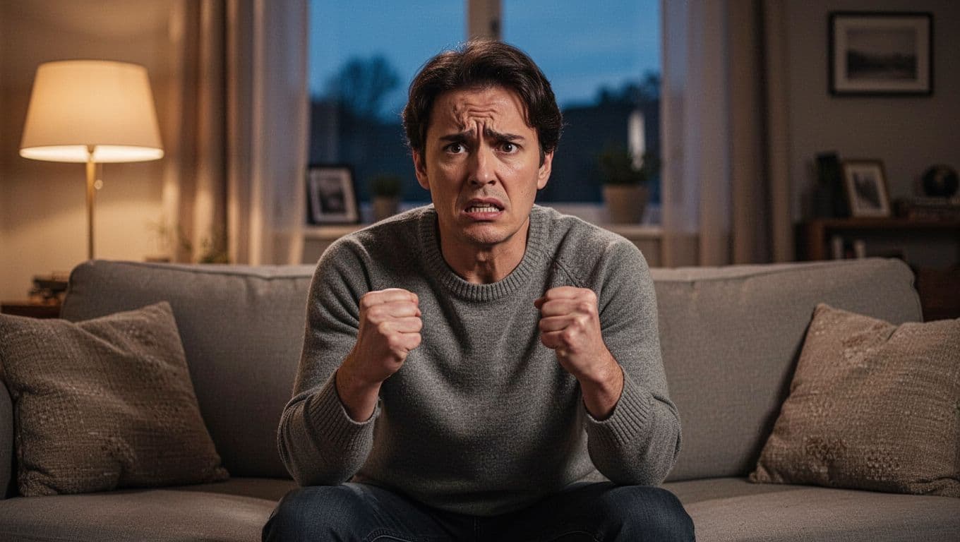 A lone person sits on a couch in a cozy living room at dusk, shoulders tense and raised, fists clenched in lap, with a worried expression featuring furrowed brows and tight jaw, illuminated by soft warm lamp light in realistic photography style.