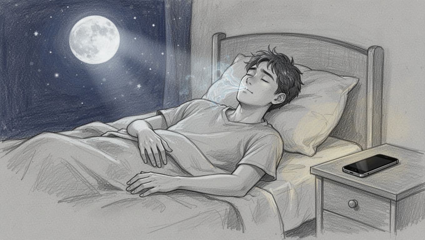 Hand-drawn graphite linework sketch of a young adult lying peacefully in a moonlit bedroom at night, breathing slowly at a resonant pace with chest gently rising, eyes closed nearing sleep, smartphone propped nearby screen facing down. Light shading on clean light gray paper background, focusing on guided habit building for rest.