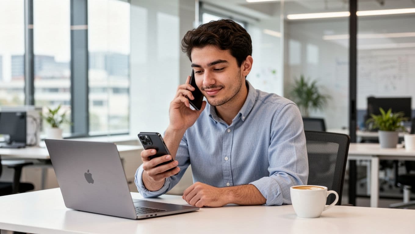 A young employee at a modern office desk calmly uses their mobile phone to access wellness resources, with a laptop and coffee cup nearby in a bright environment.