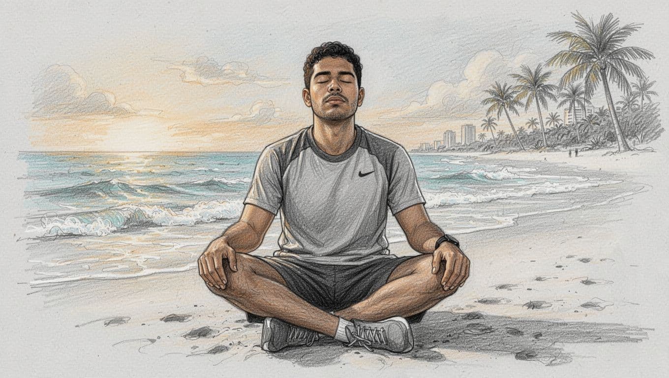 A 25-year-old Latino man in casual sporty clothes sits on a sunny Miami beach performing a deep breathing exercise, eyes closed in total calm and relaxation, hands loosely on knees, with gentle waves and distant palms in the background. Hand-drawn graphite sketch style with fine lines, subtle shading, and soft tones on pale paper.
