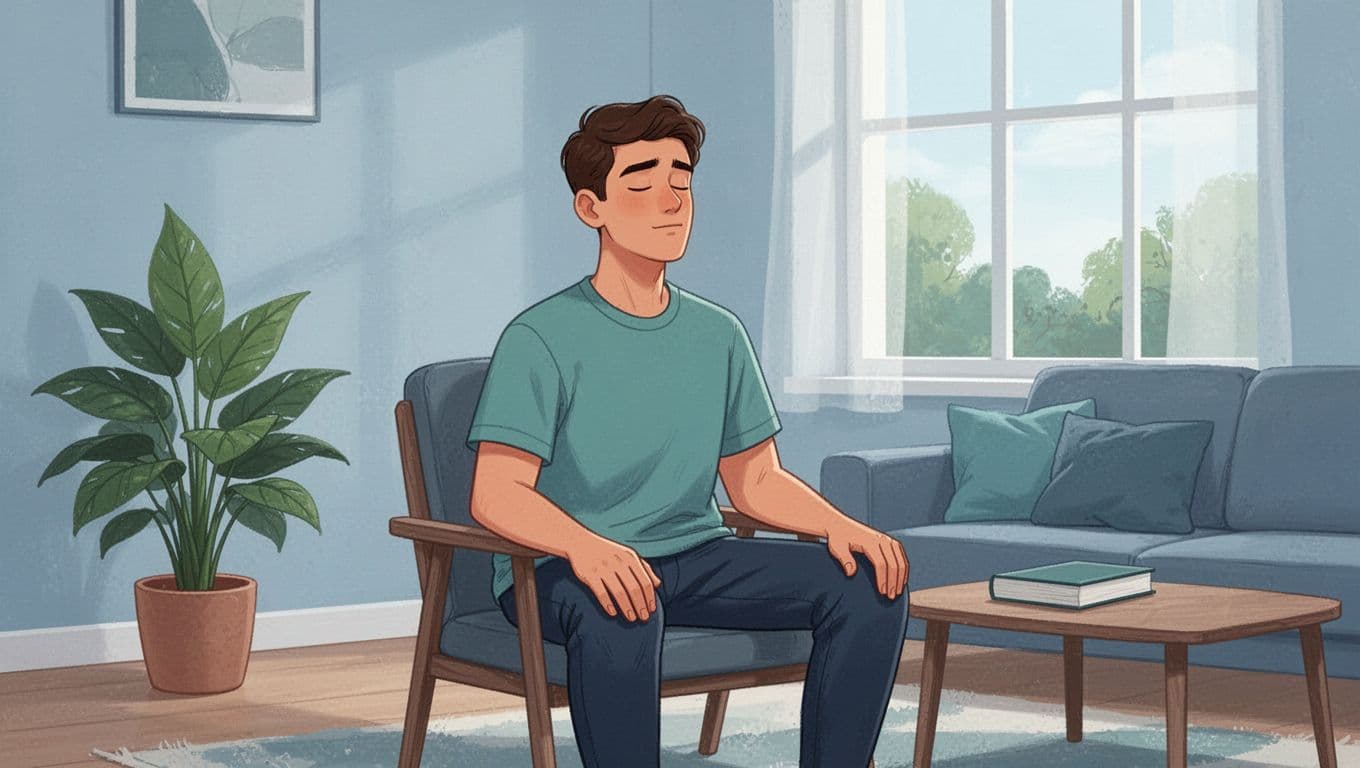 A young adult man sits comfortably on a chair in a quiet living room with eyes closed, focusing on his breath, hands resting naturally on knees, and a subtle calm expression. Nearby plant, book, and daylight window in a modern illustration style with clean shapes and controlled pastel blues and greens.