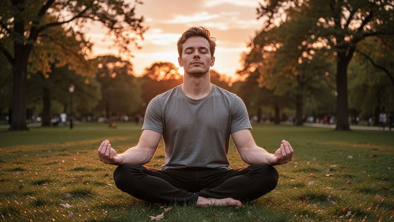 A serene outdoor scene featuring a single young man sitting in lotus position on grass in a park at sunset, eyes closed with hands palms up in a relaxed meditative pose. Photorealistic style with soft lighting on his face and hands, warm orange sky and trees in the background, evoking peace and tranquility.
