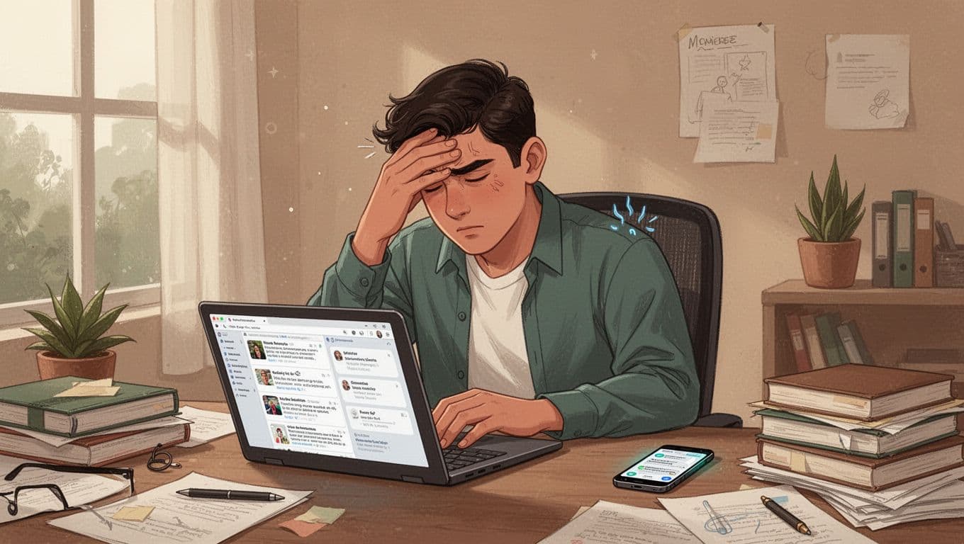 A young Mexican professional sits at a cluttered home office desk, rubbing their forehead in exhaustion amid laptop tabs and buzzing smartphone notifications, illustrating common daily anxiety symptoms.