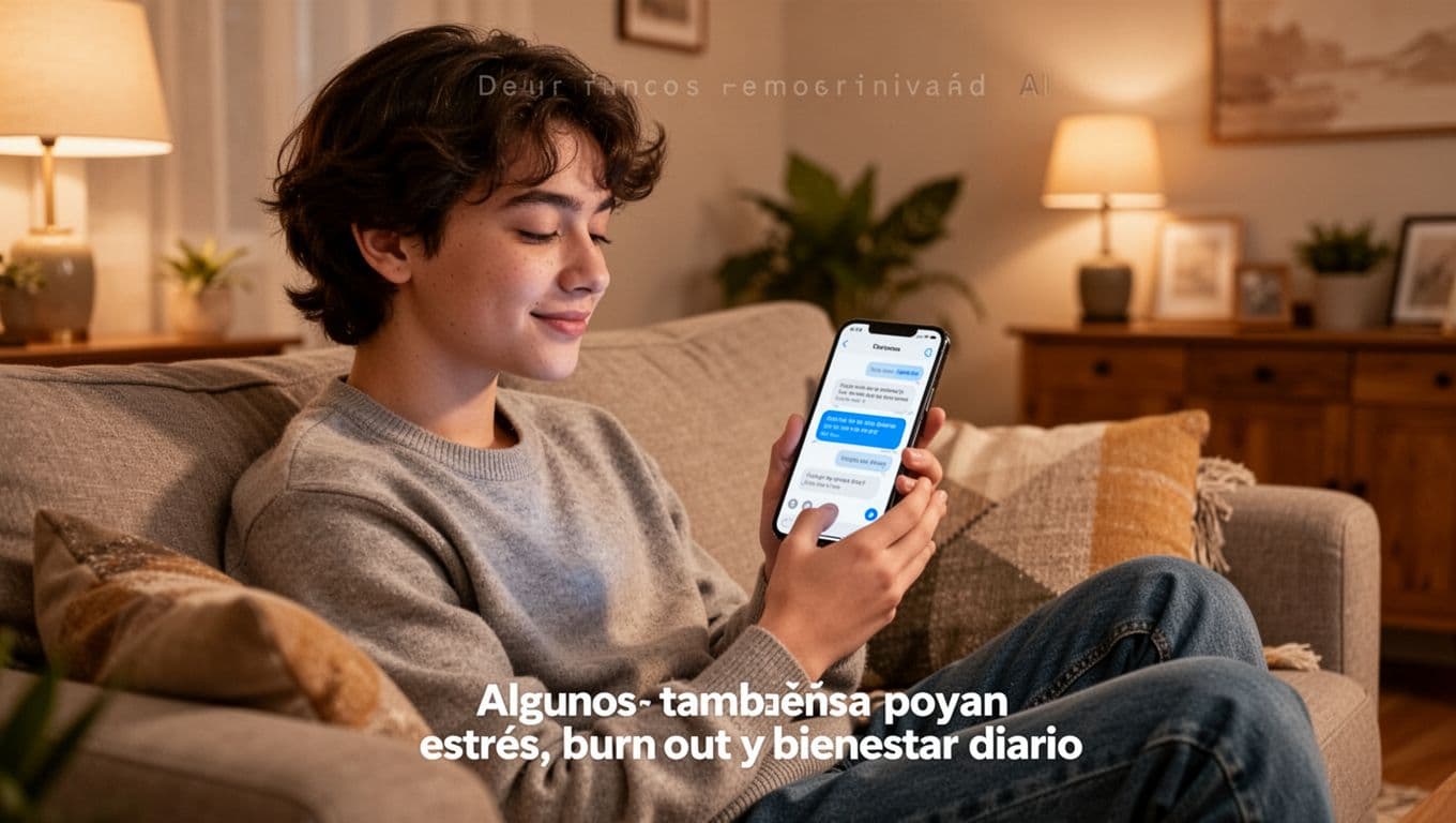 A young person sits relaxed on a cozy sofa holding a mobile phone showing an AI emotional support chat interface, with a calm and relieved expression in a warm-lit home setting.