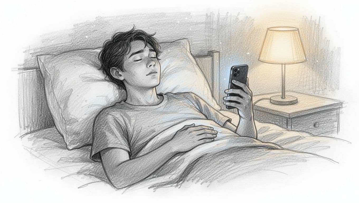 Hand-drawn sketch of a young professional lying in bed at night, using a guided breathing app on their phone held loosely, one hand on belly breathing deeply, eyes closed with relaxed face under soft lamp light.