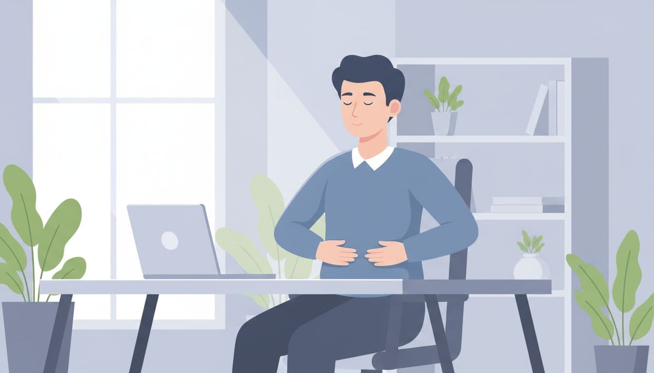 Una joven profesional sentada en un escritorio moderno realiza un ejercicio de respiración guiada con ojos cerrados y manos en el abdomen, en un ambiente calmado con luz natural suave.