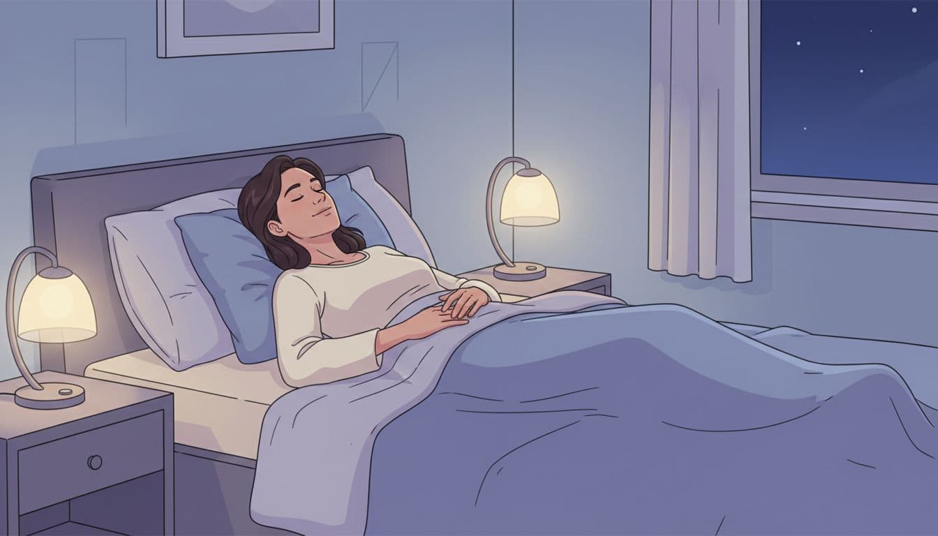 A young professional lies relaxed in bed at night, eyes closed with hands on stomach, practicing breathing for better sleep in a cozy bedroom with dim lamp light.