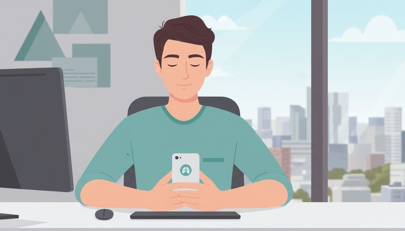 Young professional at modern office desk holds phone loosely with calm focused expression, corporate background and city window view.