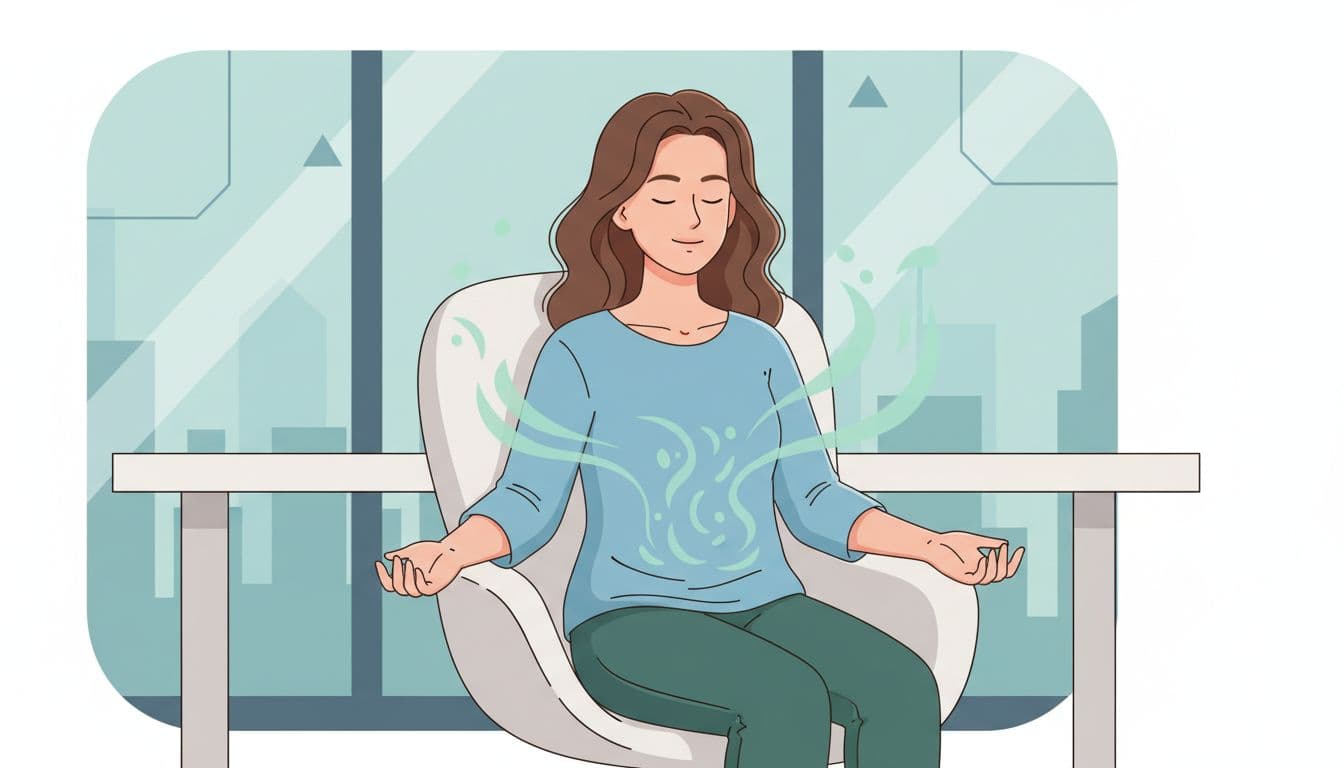 A single young professional sits in a modern office chair, eyes closed, hands relaxed on lap, with a calm expression during a deep breathing exercise. Modern illustration in calm blue and green palette with clean shapes and soft lighting.