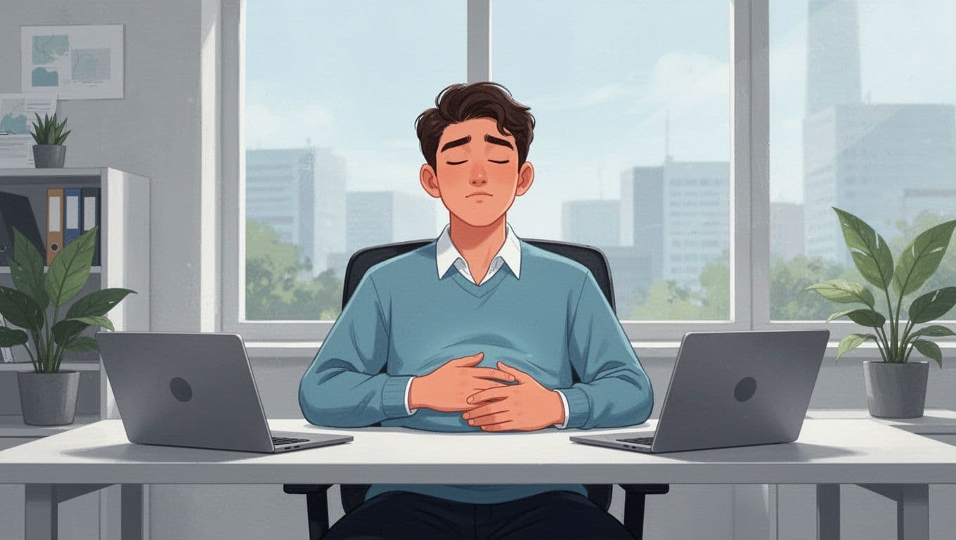 A young professional sits relaxed at a modern office desk with eyes closed, hand on abdomen, breathing deeply as the belly rises gently, in a calm illustration with soft blues, greens, and neutrals.