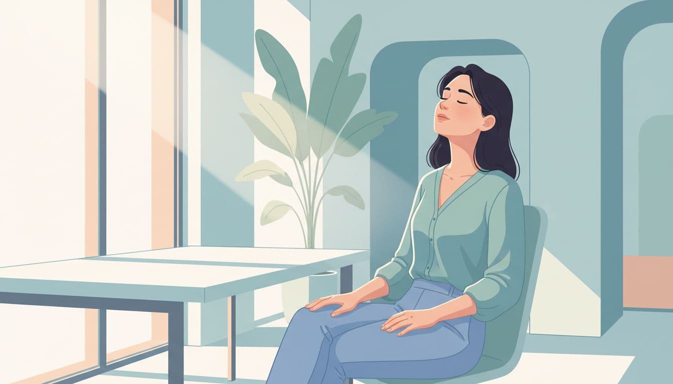 Modern illustration of a young professional at a desk in a contemporary office, eyes closed taking a deep breath in relaxed posture with soft natural light.