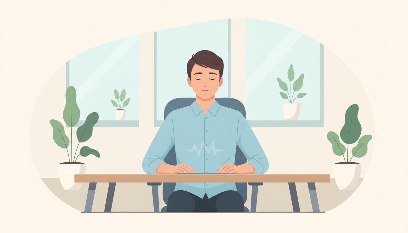 A young professional sits at a modern office desk with eyes closed, taking a deep guided breath, relaxed shoulders and hands on lap, in a clean office with plants, modern illustration in soft blues, greens, and neutrals.