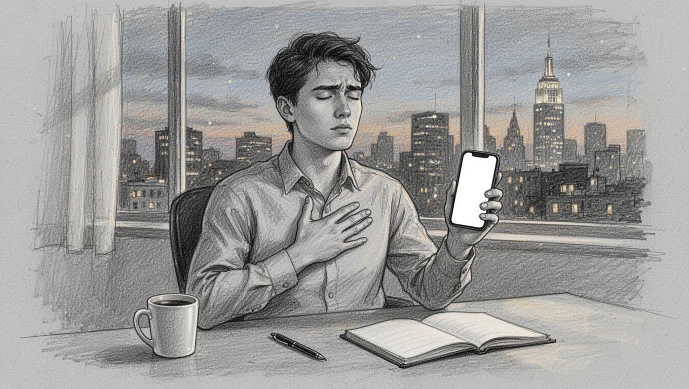 A young professional sits at a busy home office desk, holding a locked smartphone with one hand on chest in a deep breathing pose, expression shifting from stressed to calm, with coffee mug, notebook, and city skyline at dusk visible. Hand-drawn graphite sketch in monochromatic grays on light gray paper.