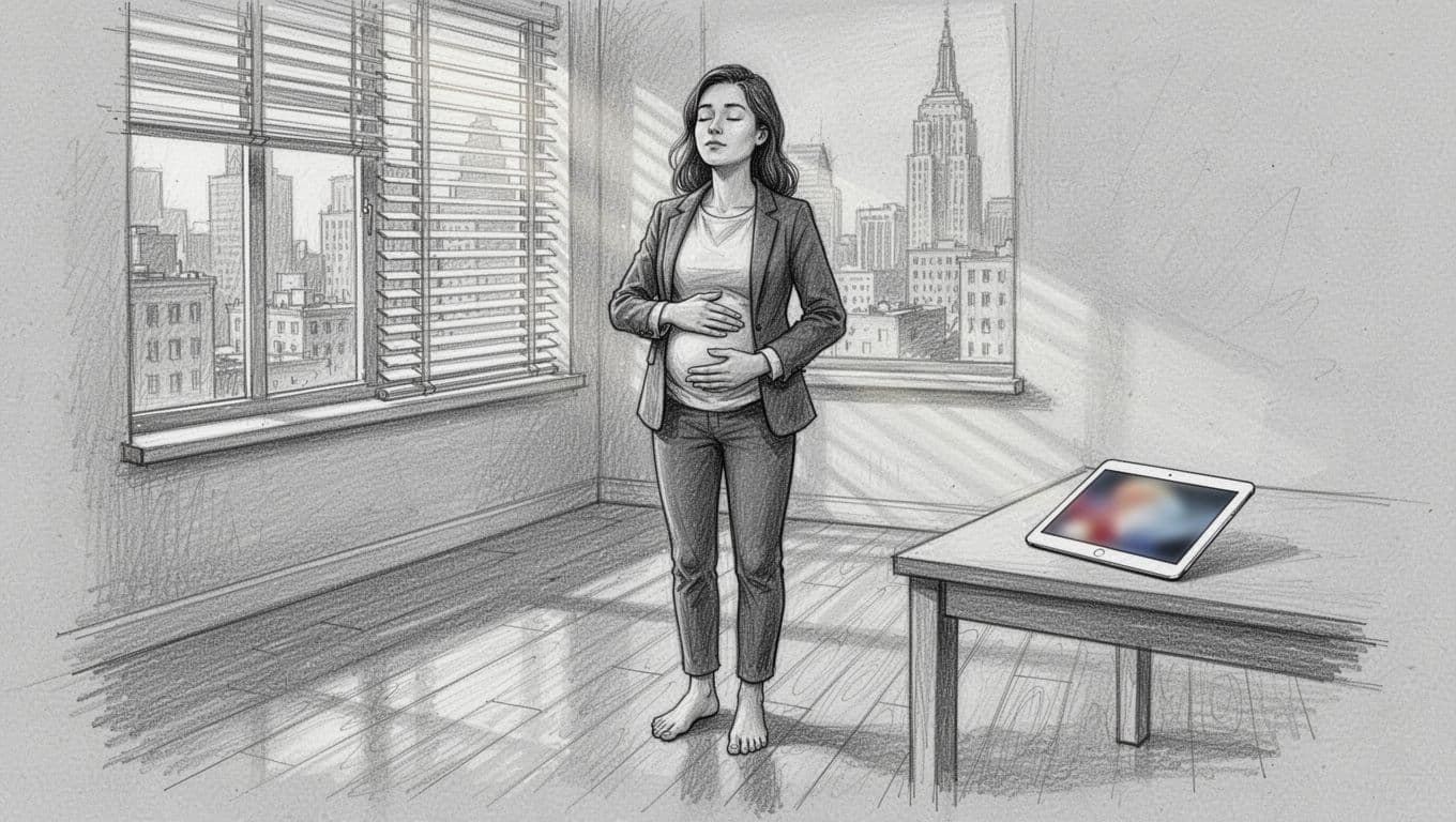 Hand-drawn graphite sketch of a young professional in a city apartment performing a grounding routine: standing barefoot pressing feet into the wooden floor, eyes closed breathing deeply with hand on belly, smartphone propped nearby showing blurred app screen, soft morning light through blinds.