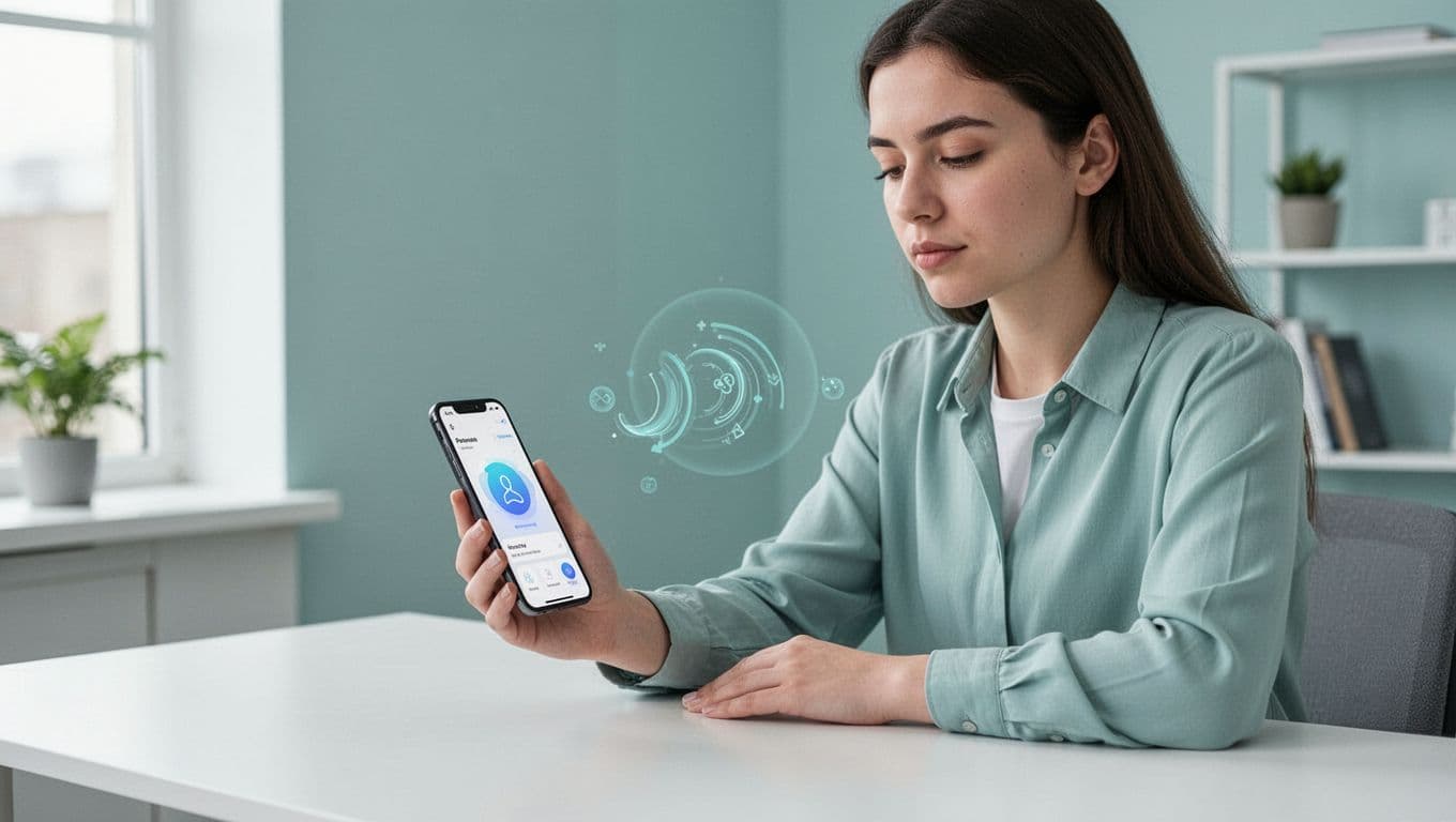 Modern illustration of a young professional using a breathing app on their phone for a guided exercise, with a serene expression in a minimalist office or home setting featuring soft blue-green tones and natural lighting.