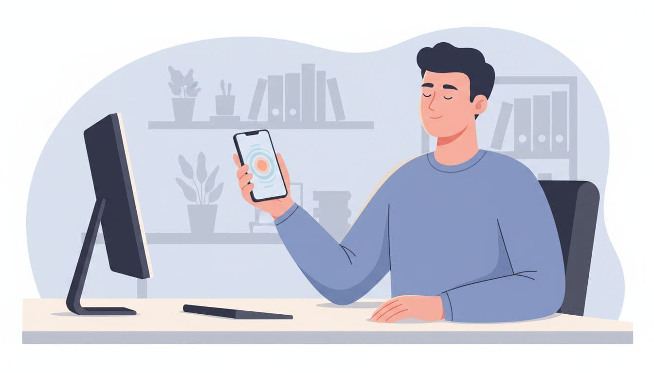 A single young professional in a busy modern office sits at a desk, pausing with eyes closed to breathe calmly, holding a phone with subtle guided breathing animation, relaxed posture and hands on table, modern illustration with clean shapes, controlled colors, soft warm lighting, and blurred office background.