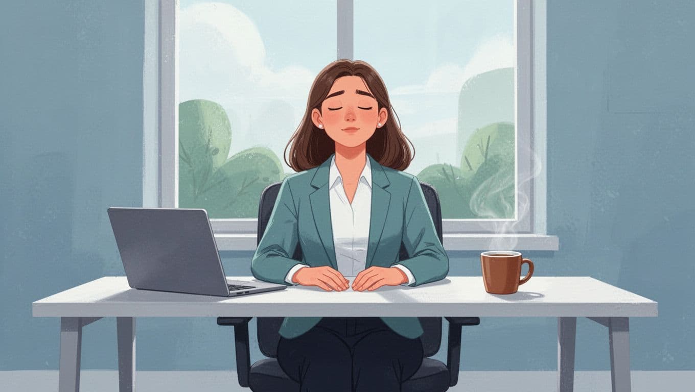 Exactly one young professional woman in her late 20s at a modern home office desk, sitting back with eyes closed, hands relaxed on lap, taking a deep mindful breath, subtle relaxed expression, laptop closed nearby, coffee mug on desk, window with soft daylight.