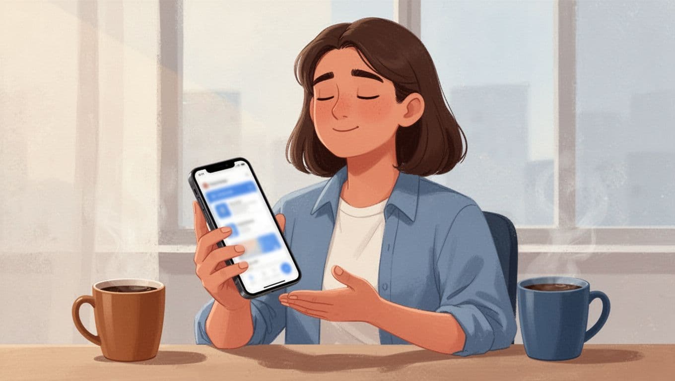 A young professional takes a short mindful pause during a busy day, holding a smartphone with a blurred screen in a relaxed breathing pose at a casual workspace with a coffee mug.
