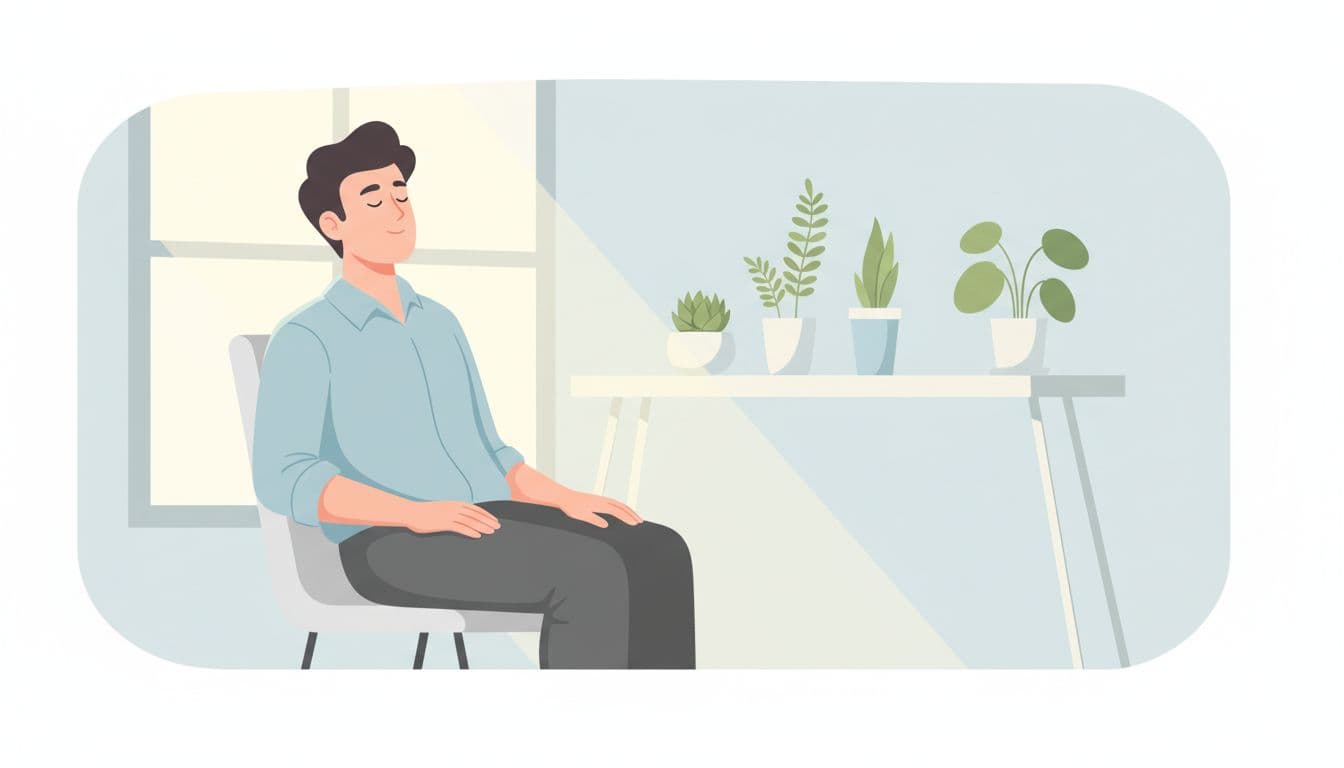 A young professional sits relaxed in a modern office, taking a deep guided breathing break with eyes closed and hands on lap, featuring a clean desk, subtle plants, and soft window light in a clean illustration style.