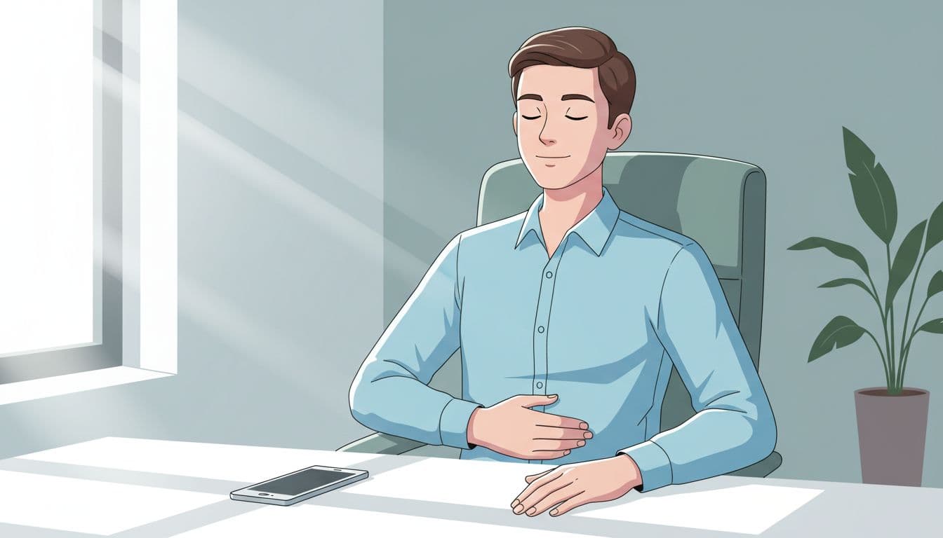 A single young professional sits at a modern office desk with eyes closed in serene breathing pose, one hand on lower belly, smartphone nearby, in cool blue-green illustration style.