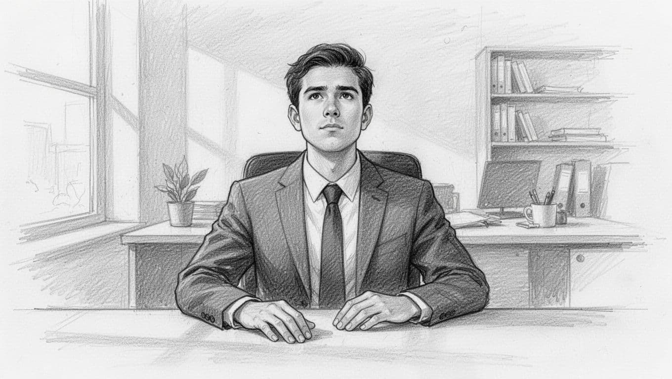 Hand-drawn sketch of a young professional man seated attentively in a quiet office, scanning surroundings as if naming objects, with relaxed posture, calm focused expression, and light graphite shading on white background.