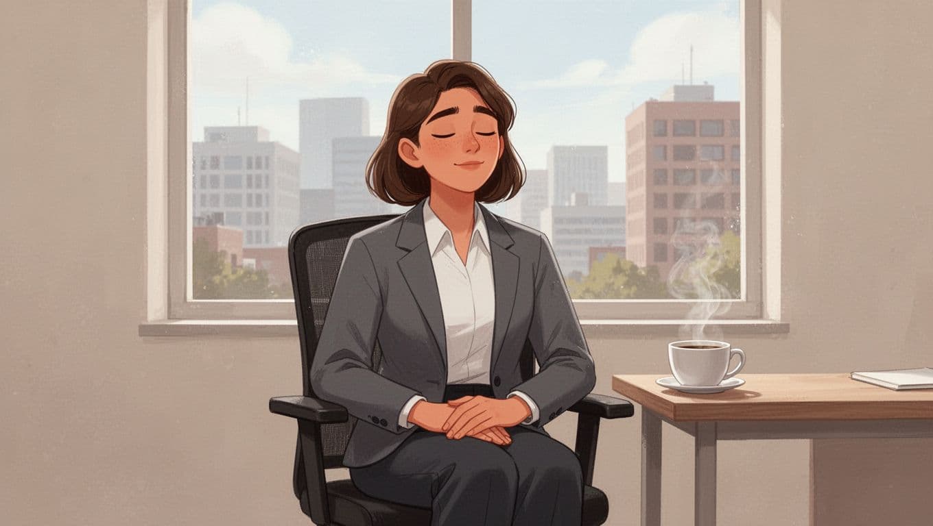 Modern illustration of a young professional taking a brief micro pause in the office, eyes gently closed, hands relaxed, steaming coffee on table, natural light from urban window.
