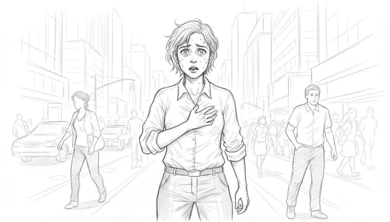 Hand-drawn graphite sketch of a single young professional in business casual clutching their chest over heart with wide fearful eyes, sweat on forehead, and open mouth indicating rapid breathing, amid crowded city street during rush hour, clean white background.