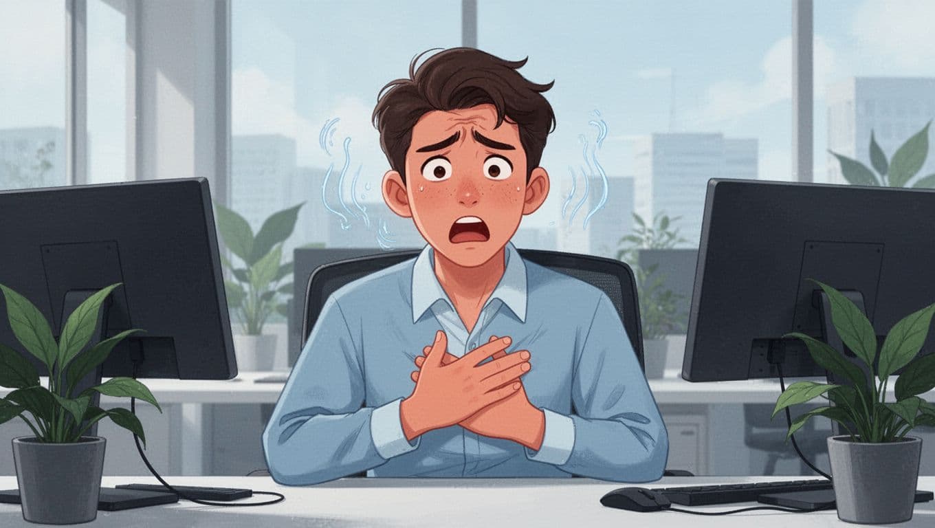 Close-up of a single young professional at a modern office desk during a panic attack, hand on chest, eyes wide, breathing deeply, with calm returning; background includes computer and plants; modern illustration in soft blue and green palette.