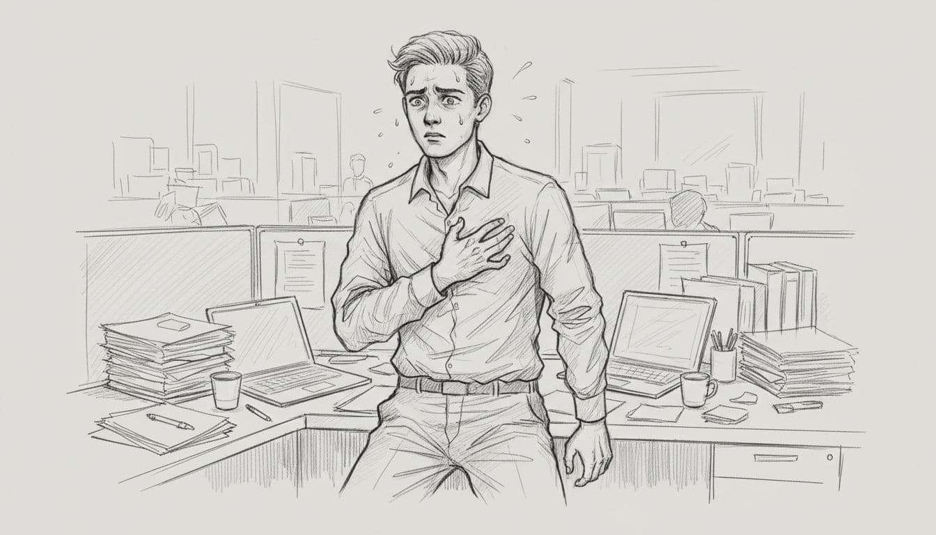Hand-drawn sketch of a single young professional in a busy urban office, clutching chest with wide eyes and sweating forehead during sudden panic attack onset, cluttered desk background.