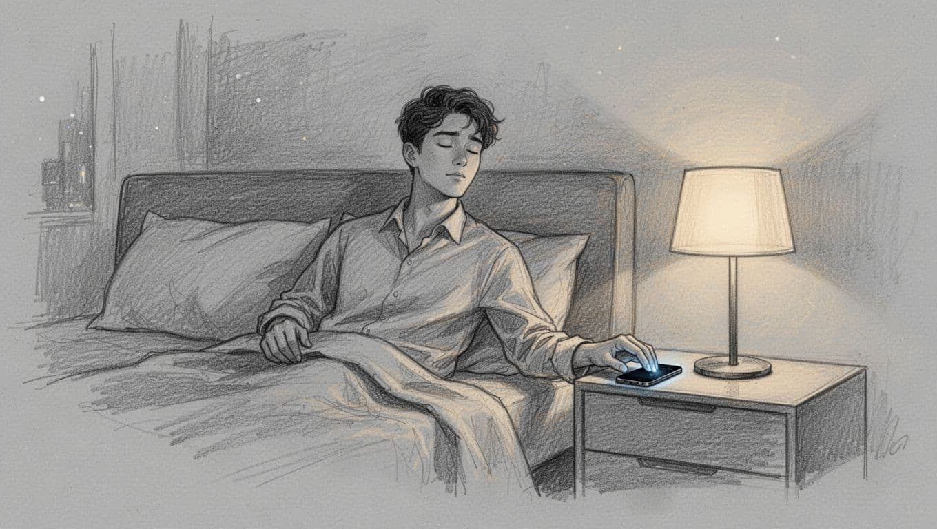 Hand-drawn graphite sketch of a young professional in a modern evening bedroom, turning off phone screen, placing it on nightstand, dimming lamp with relaxed shoulders and deep breath pose for calm bedtime transition.