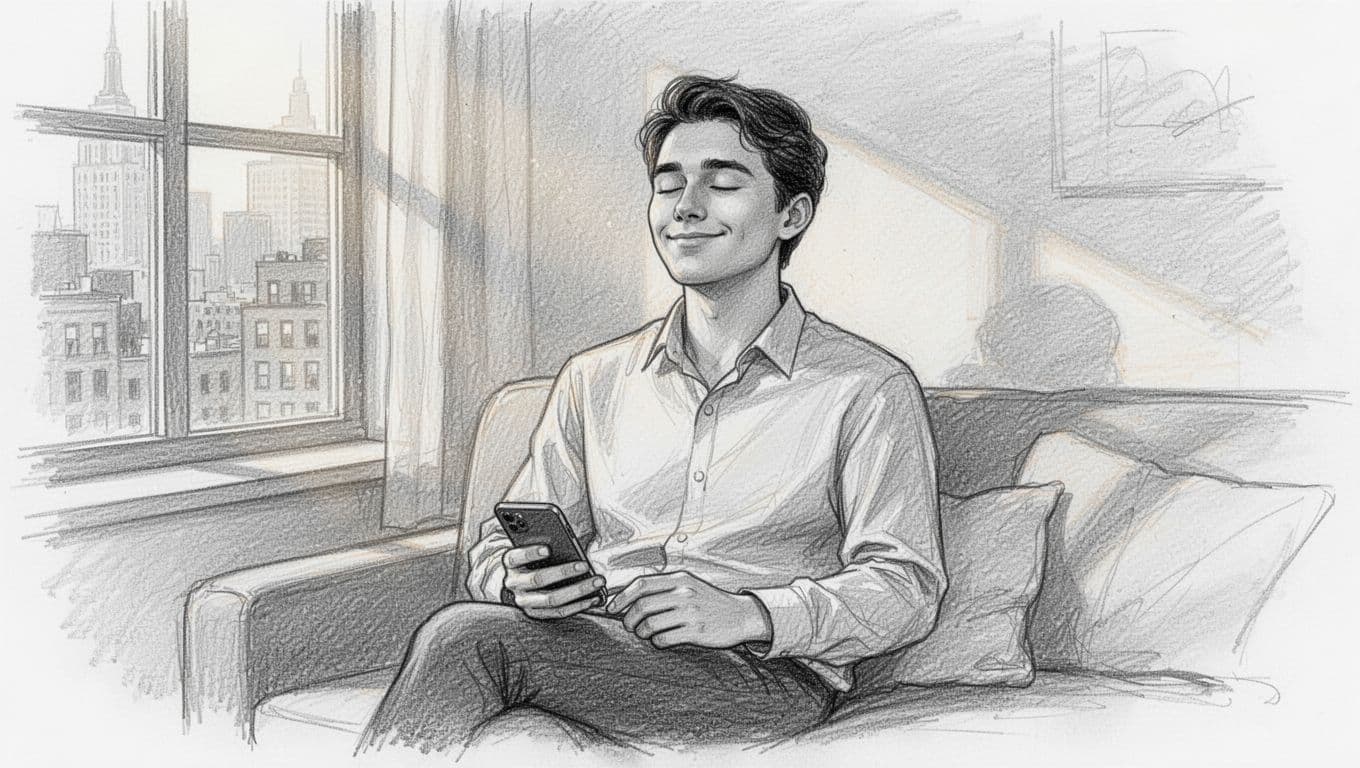 A young professional relaxes in a cozy city apartment, holding a smartphone loosely on their lap with eyes closed and a slight smile, practicing calm breathing in soft morning light; hand-drawn graphite sketch with light shading on clean white background.