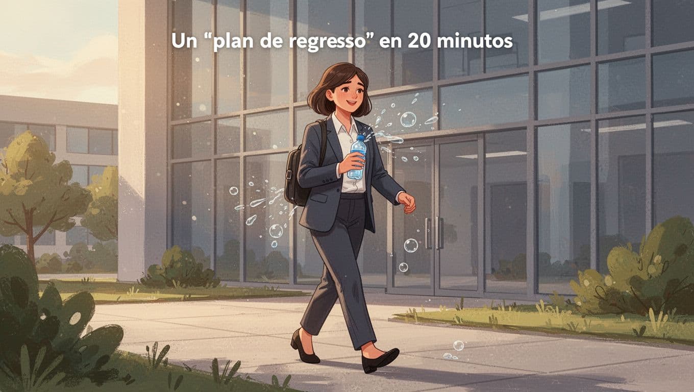 Modern illustration of a young professional taking a short walk outside the office building, holding a water bottle with a relaxed posture under soft sunlight after a panic episode. Clean shapes, controlled warm tones, and strong composition with exactly one person.