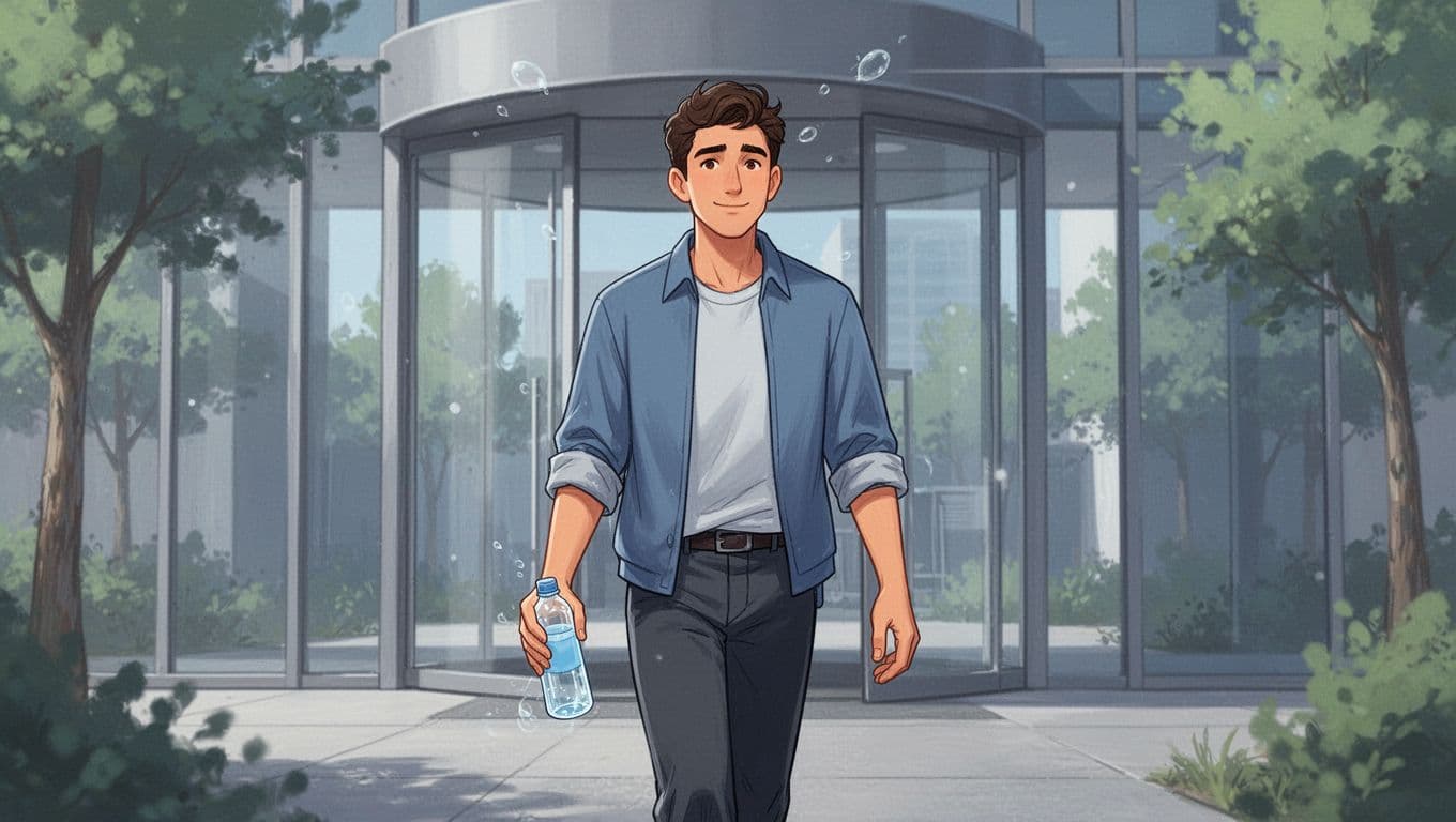 Exactly one young professional man in his early 30s walking slowly outside a modern office building entrance during daytime, holding a clear water bottle loosely in one hand with relaxed posture and subtle calm expression, blurred fresh air and trees in background.