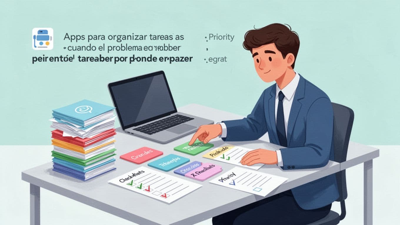 Young professional at a simple desk reviewing a neat stack of colorful task cards and checklists in priority order, laptop open nearby, in a clean modern illustration style with pastel blues and greens.