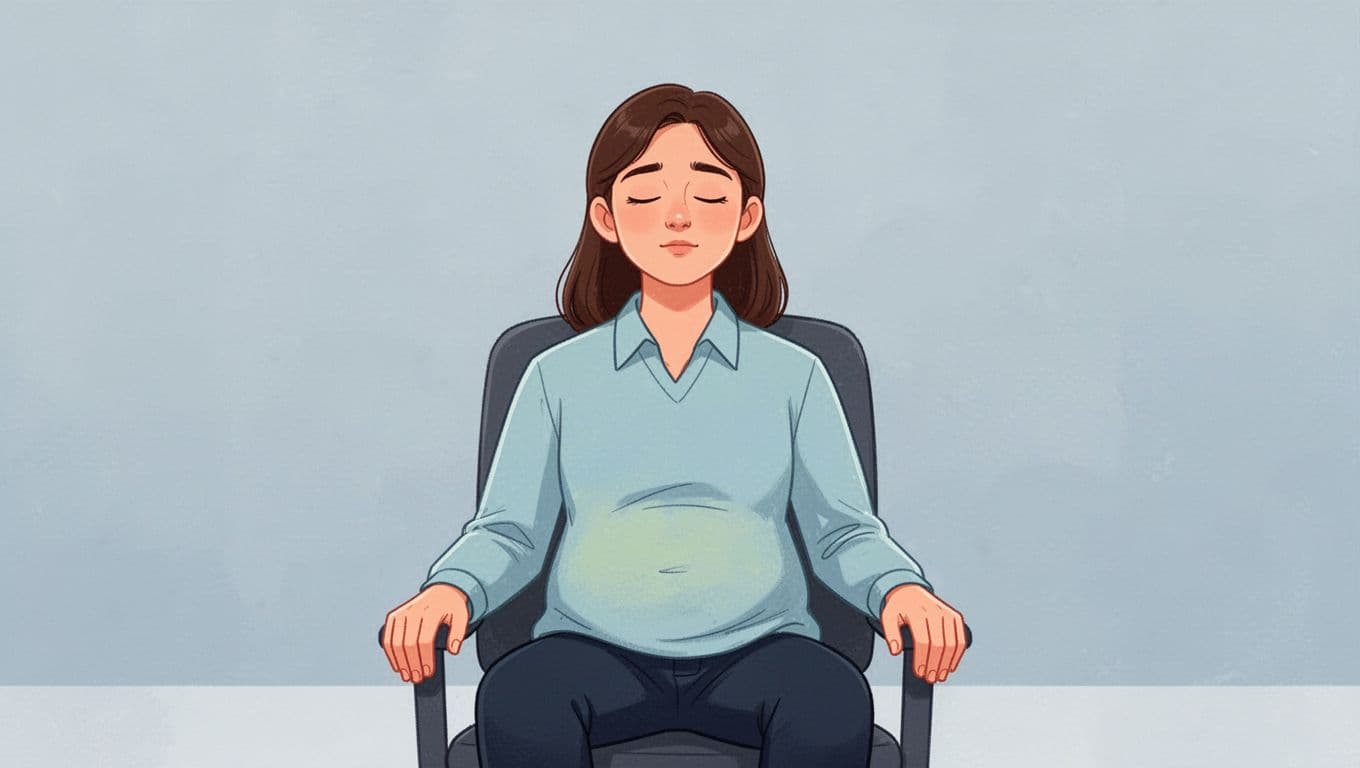 A young professional sits calmly at home or office with eyes closed and hands relaxed on lap, demonstrating deep slow breathing with gentle belly rise and a serene face, in a modern illustration style.
