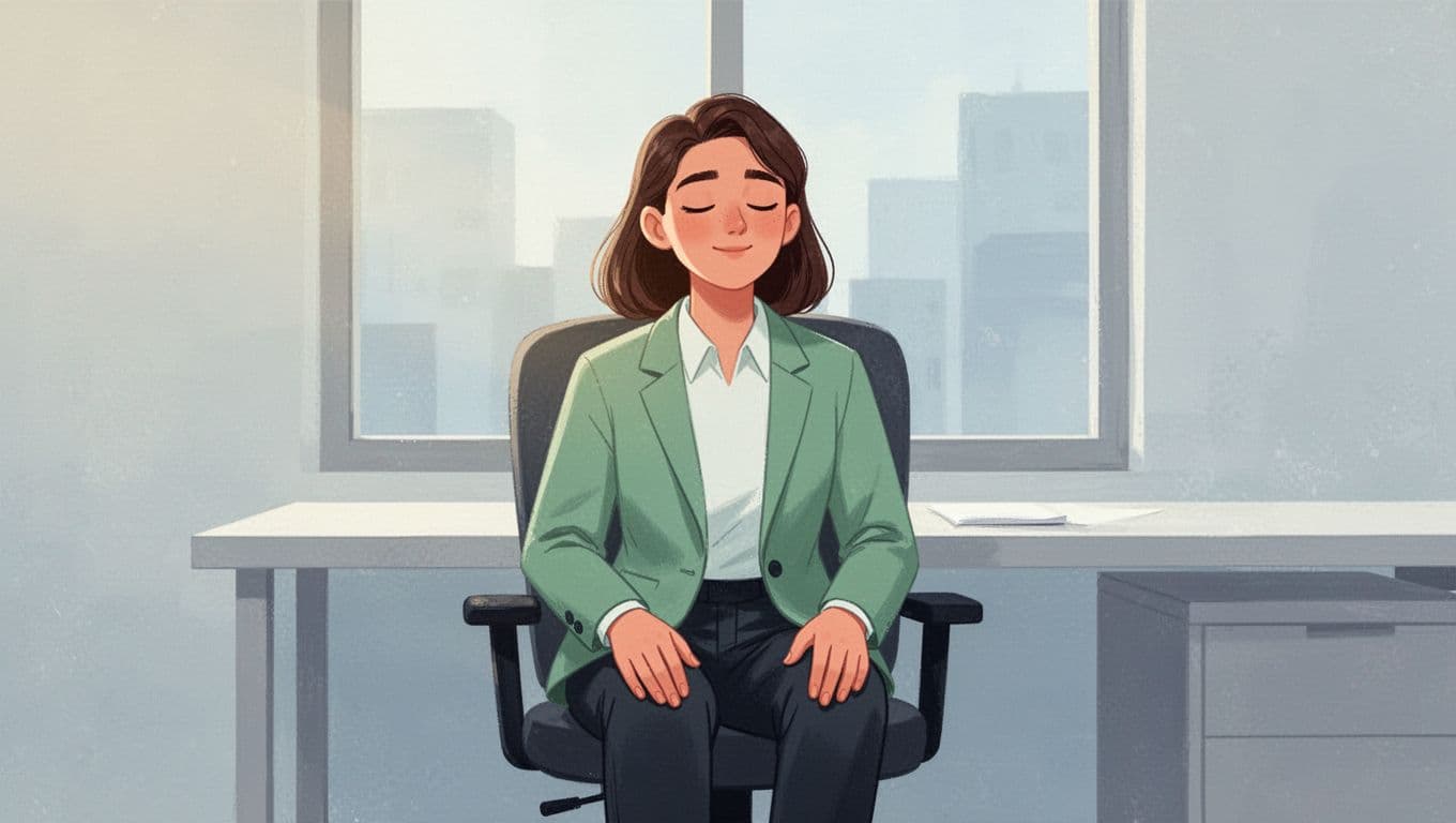 Modern illustration of a young professional on a brief mindful pause in the office, seated calmly with eyes closed and hands relaxed on knees, in soft greens and blues against a simple desk and window background.