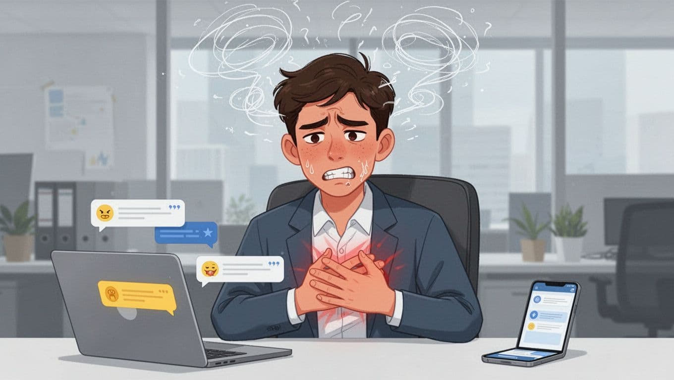 Close-up illustration of a young professional at a desk showing stress signs: tense jaw, hand over heart, tired eyes, swirling thoughts above head, with notifications on laptop and phone in modern office.