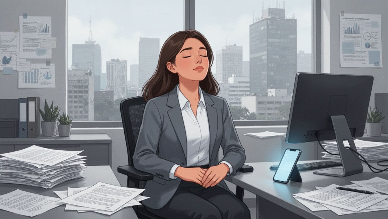 Young professional woman in modern Mexico City office seated at desk with papers and computer, eyes closed in deep breath, relaxing amid clutter.