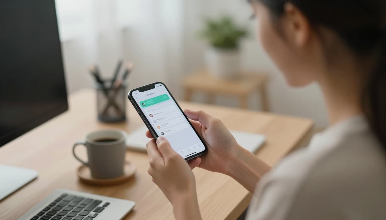 Young professional woman in cozy home office, relaxed posture checking notifications on smartphone wellbeing app, coffee mug nearby, soft morning light, close-up on face and phone.