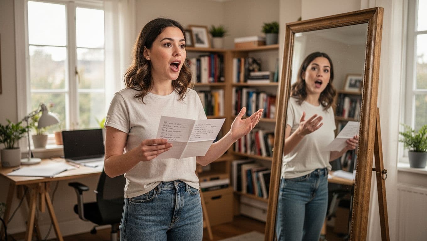 In a bright home office with natural daylight, a young woman in casual clothes stands before a full-length mirror practicing her presentation, holding cue cards loosely and gesturing expressively with a focused, confident expression.