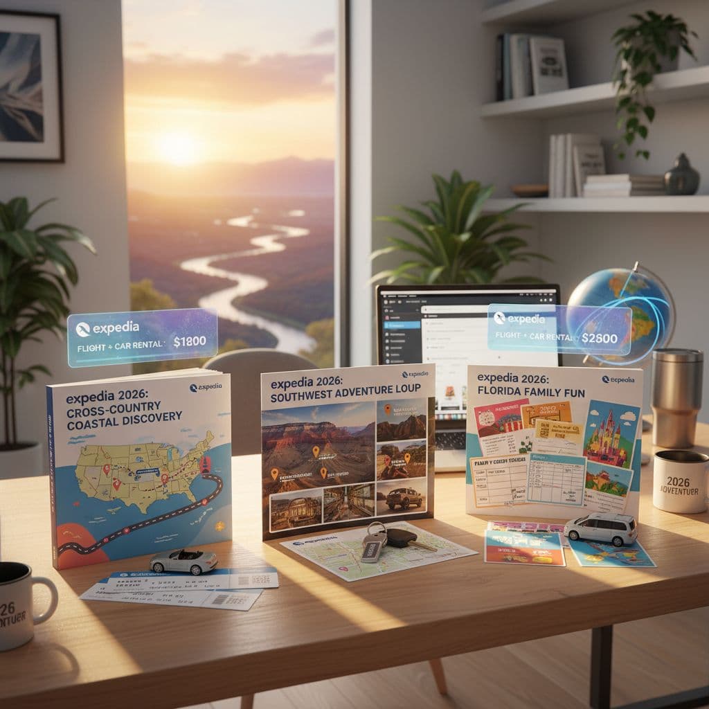 Three sample 2026 U.S. itineraries using Expedia for flights, bundles, and cars