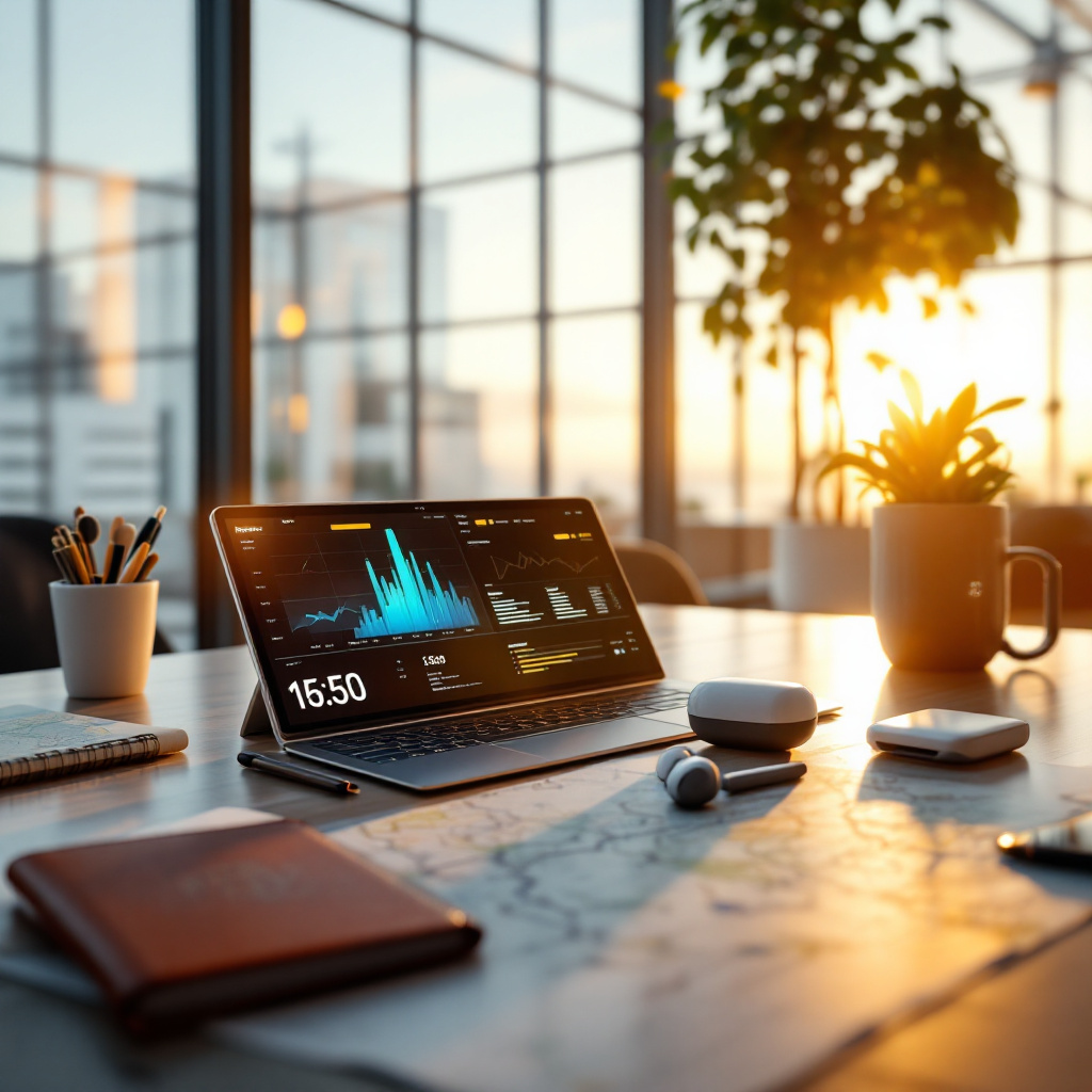 Advanced AI travel tools 2025 workspace with laptop and travel gear