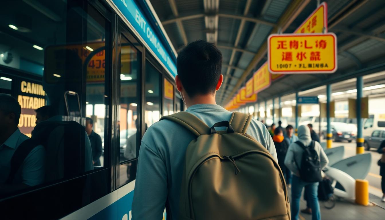 Aerial view of a traveler carrying a light 40L backpack boarding a Southeast Asian bus at a bustling bus terminal. Cinematic realism.