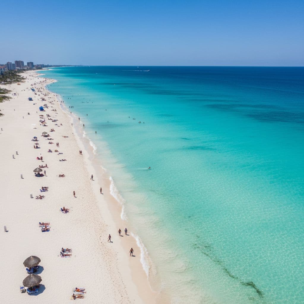 An aerial perspective shows people relaxing on a white sandy beach with a single swimmer in turquoise water.