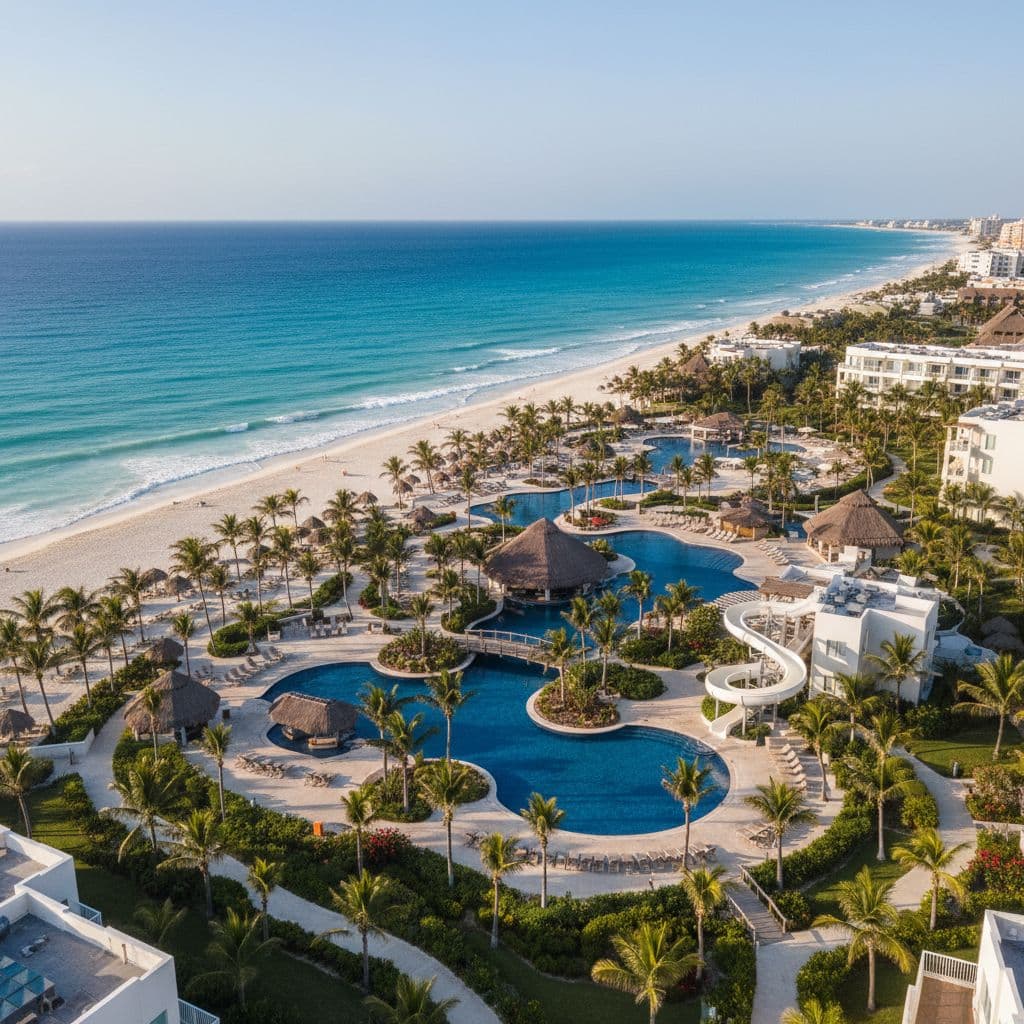 An aerial view shows a expansive tropical resort with multiple swimming pools along a clear turquoise coastline.