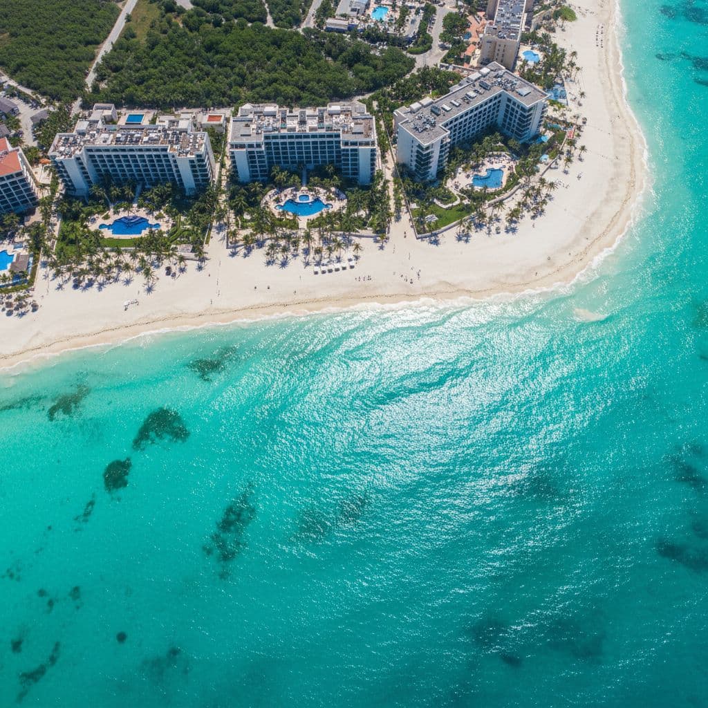 An overhead view of the turquoise Caribbean sea meeting sandy beaches and tropical resort grounds.