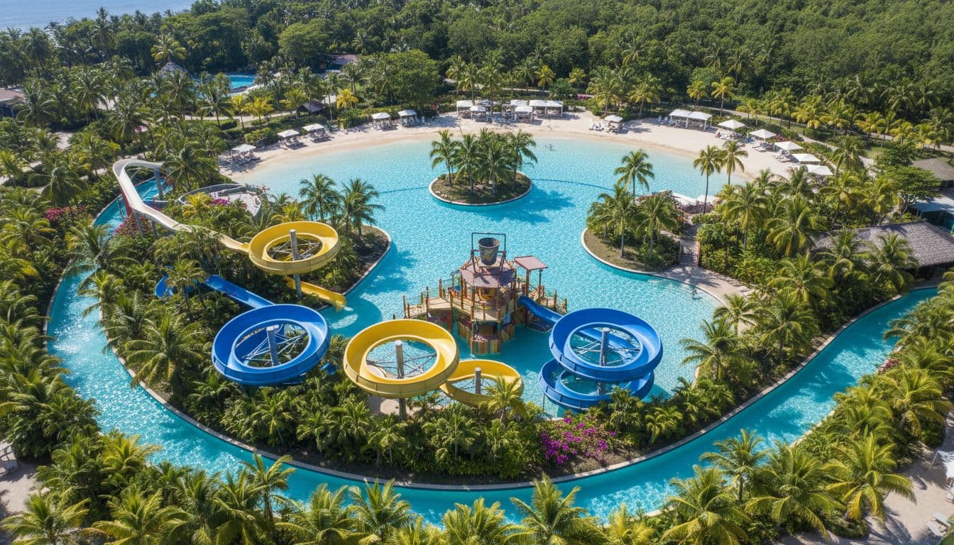 An overhead view of a tropical resort water park featuring winding slides and large blue pools.