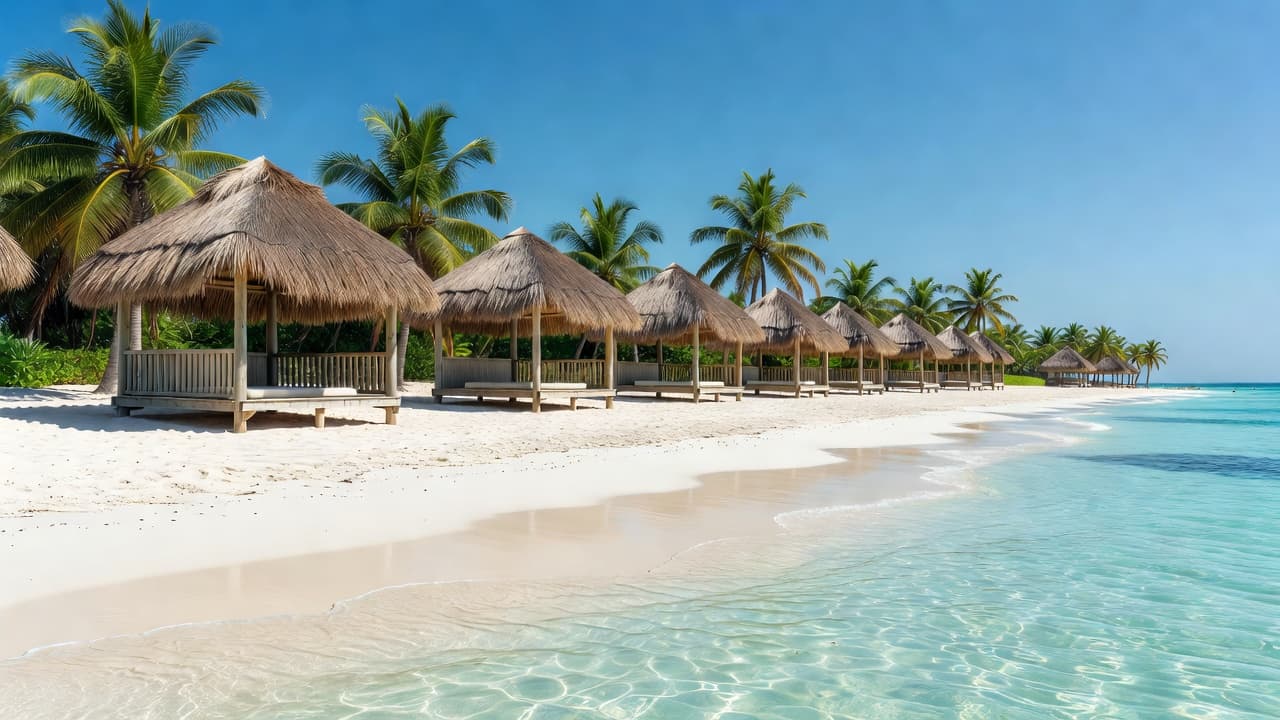 Simple thatched-roof cabanas sit nestled beneath vibrant green palm trees along a serene coastline with crystal clear turquoise water gently lapping the shore.